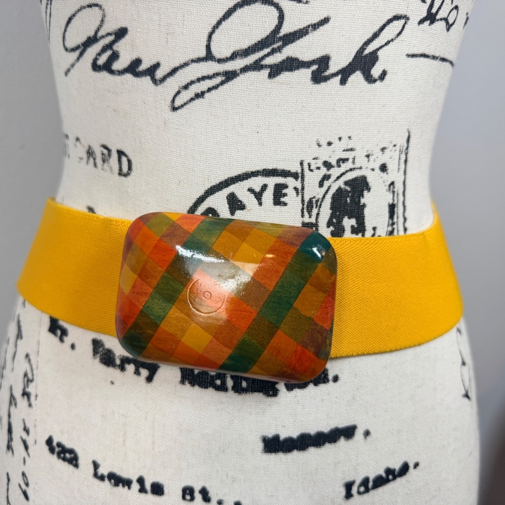 Elastic Cinch Belt Women's Yellow Wood Plaid‎ Buckle 90's 80's Retro